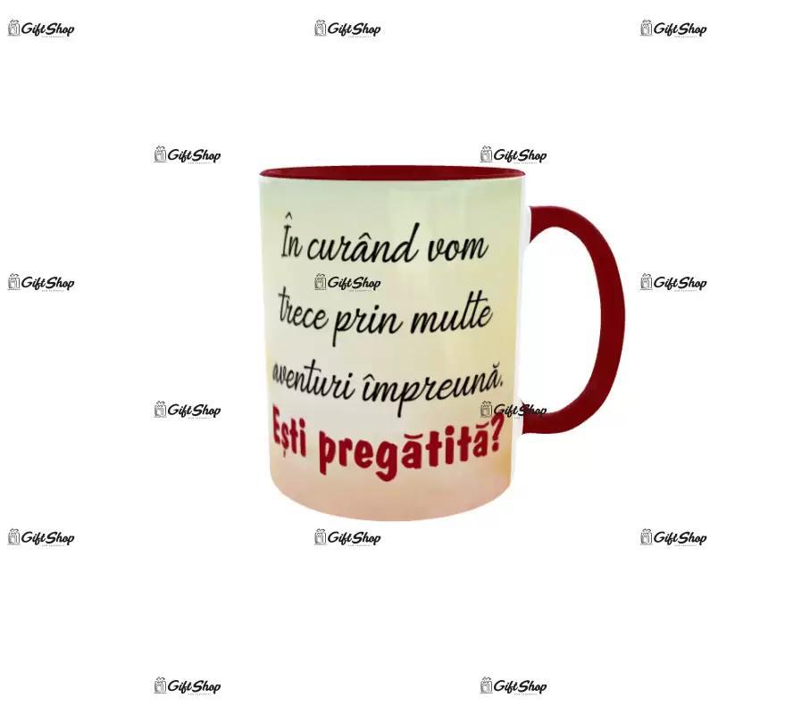 Cana rosie gift shop personalizata cu mesaj, matusa in devenire, model 1, din ceramica, 330ml